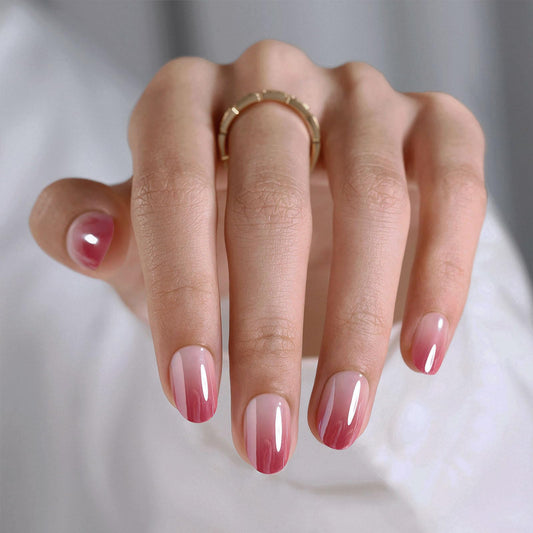 Chrome Press on Nails Oval - GJZEZ Soft Gel Pink to Red Ombre Glazed Donut Fake Nails with Glue Gifts for Women Romantic Glossy Gradient Reusable False Faux Nail | 16 Sizes, 32 pcs, Blush Ombre