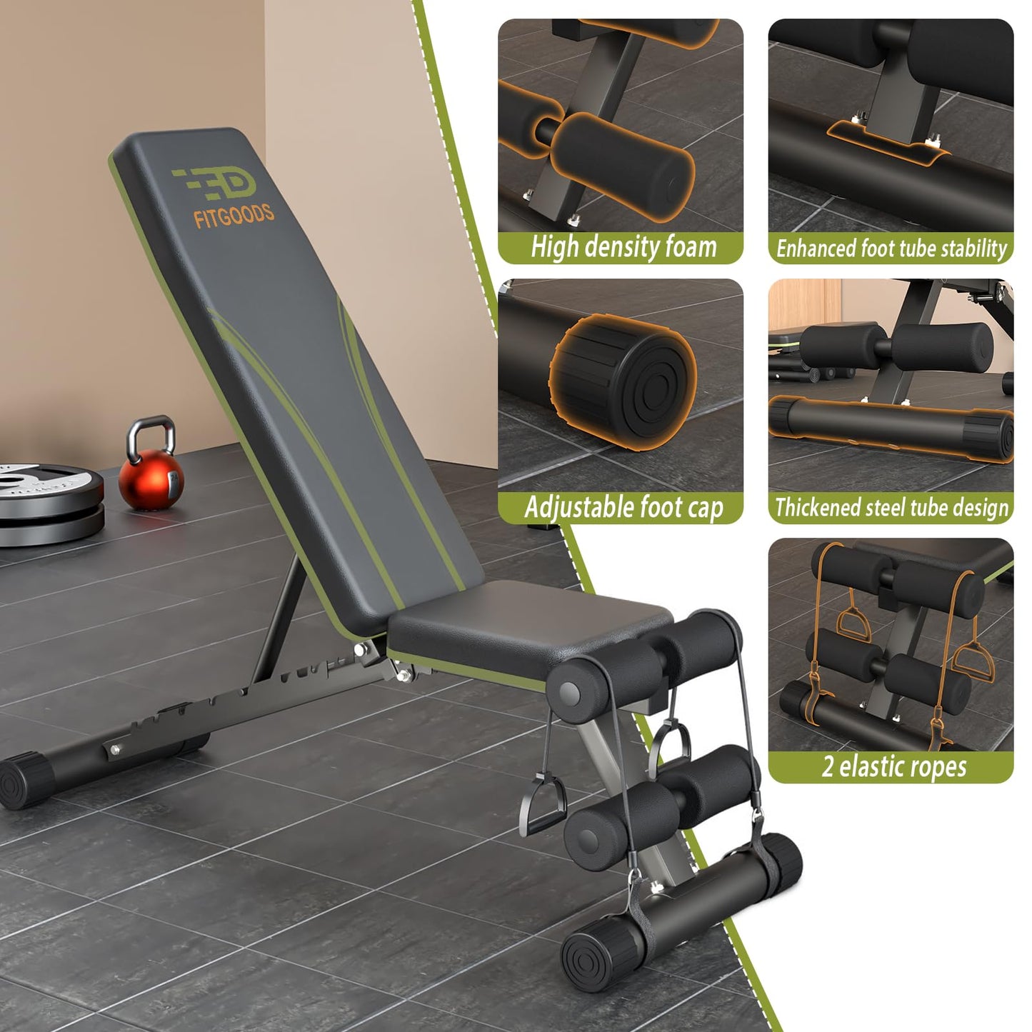 Fitgoods Adjustable Weight Bench for Home Gym, Foldable 700LBS Workout Bench with 9 Backrests, Multi-Purpose Bench Press for Incline Decline Flat with Fast Adjustment (2 resistance bands)