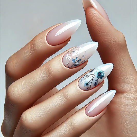CJDLTS 24Pcs Almond Tip Acrylic Fake Nail Pink White Gradient Press on Nails Medium Length Blue Flower Pattern Design Full Cover Glossy Artificial Fingernails Summer Acrylic Stick on Nails for Women