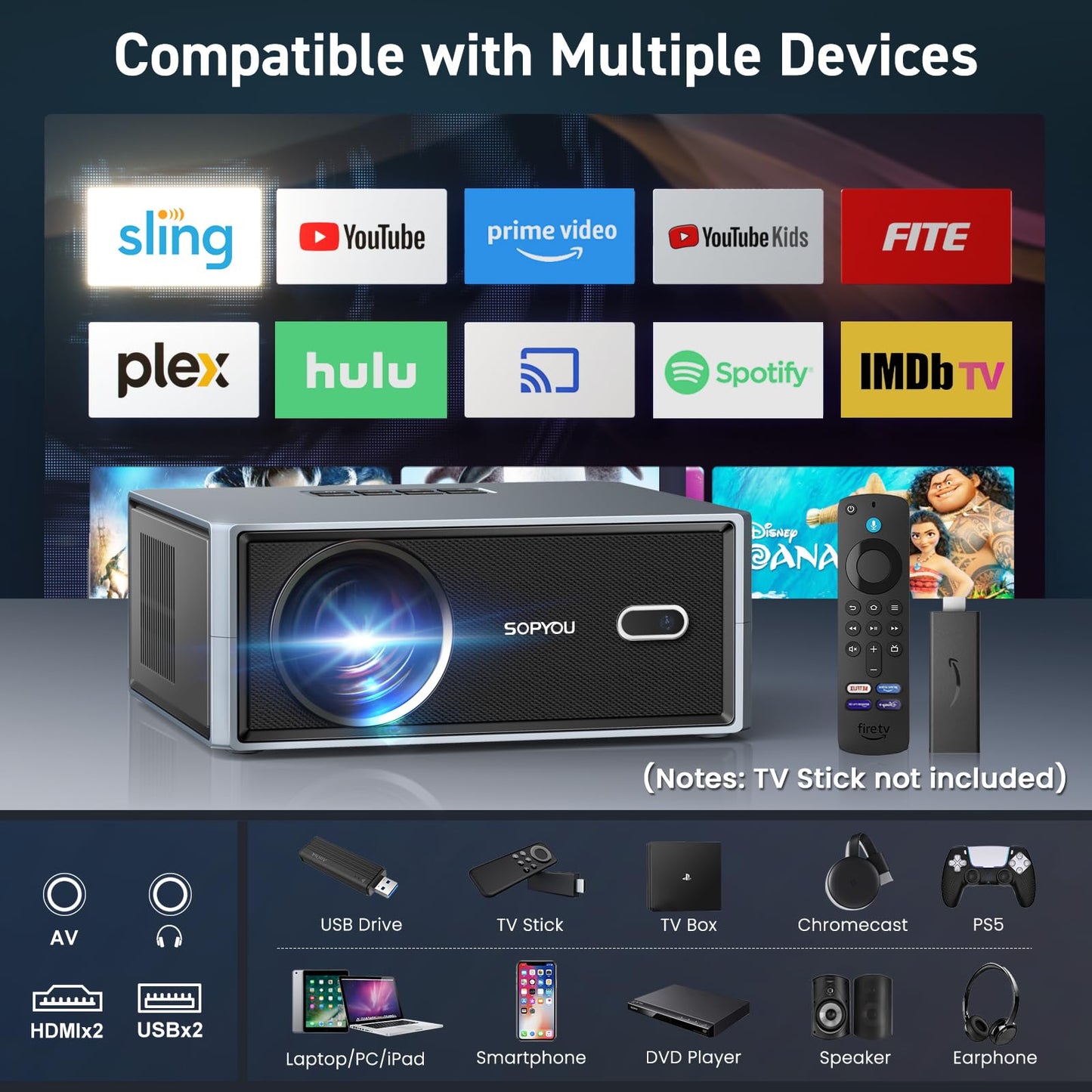 [Short Throw/2500 ANSI/E-Focus] SOPYOU 4K Decoding Projector with WiFi and Bluetooth, Outdoor Movie Projectors, Max 450" Display Home Theater, Portable Smart Proyector for iOS/Android/TV Stick/PS5
