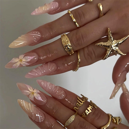MERVF Press on Nails Long Stiletto - Ombre Pink Yellow French Tip Fake Nails Summer Acrylic 3D Flower Design Manicure Supplies Glossy 24pcs