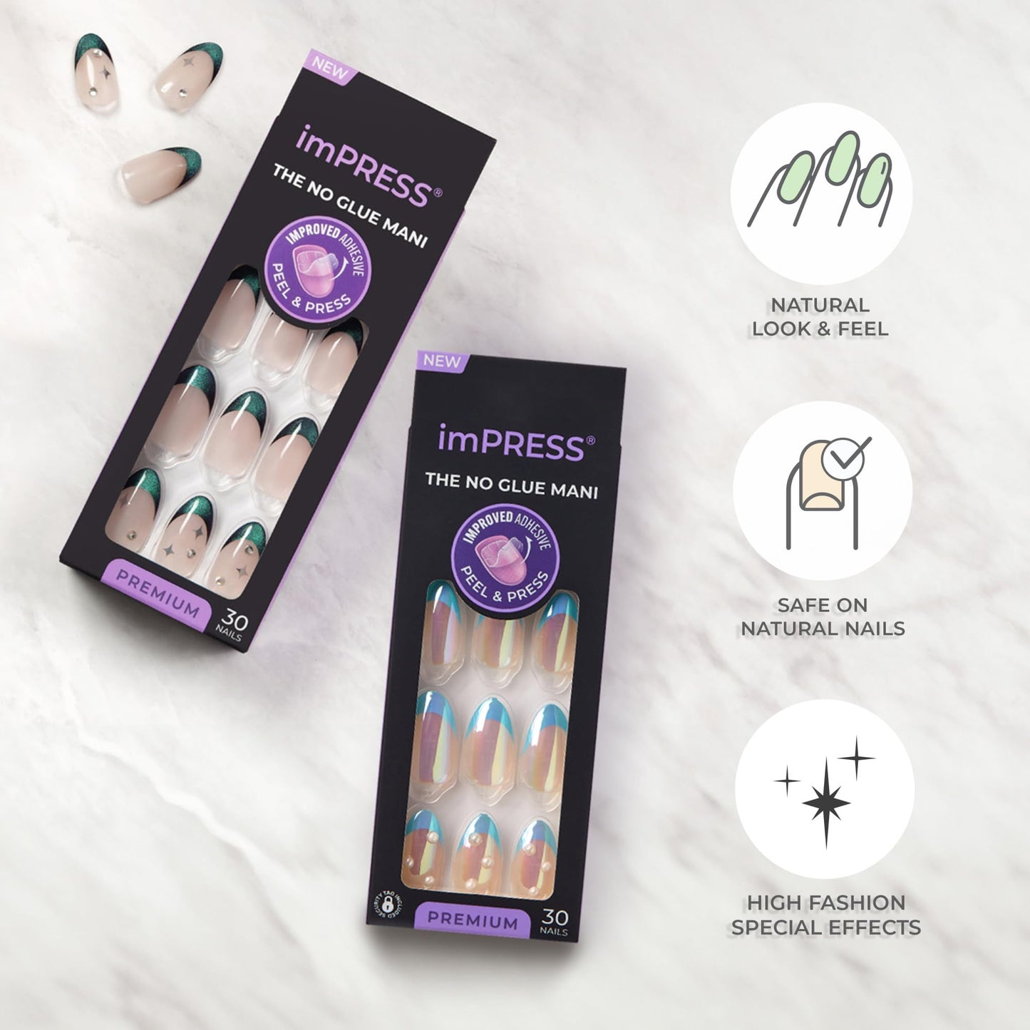Kiss Impress No Glue Mani Press On Nails, Premium, 'Visions', Green, Medium Size, Almond Shape, Includes 30 Nails, Prep Pad, Instructions Sheet, 1 Manicure Stick, 1 Mini File