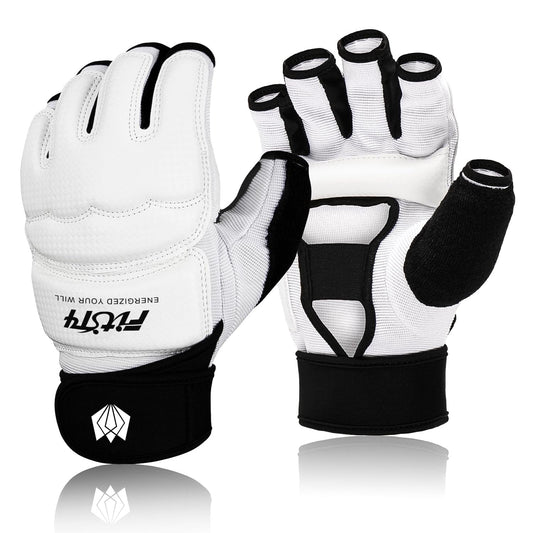 FitsT4 Sports Half Mitts MMA UFC Training Boxing Punch Bag Kickboxing Sparring Grappling Martial Arts Muay Thai Taekwondo Wrist Wraps Support Gloves for Women Men Kids White L
