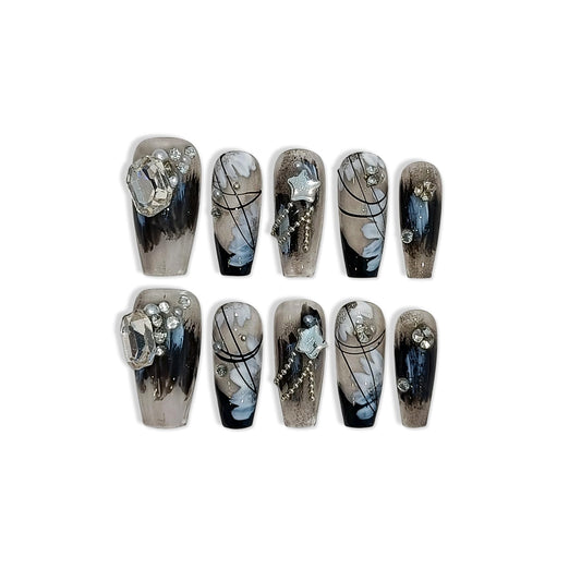 TENPAL 10PCS Gothic Coffin Press on Nails with Tools Kit - Black French Tips Fake Nails with Oriental Chain & Crystal Design | Dark Rebel Glue on Nails Medium | Icy Dark Elegant Chinese Style Nails(S)