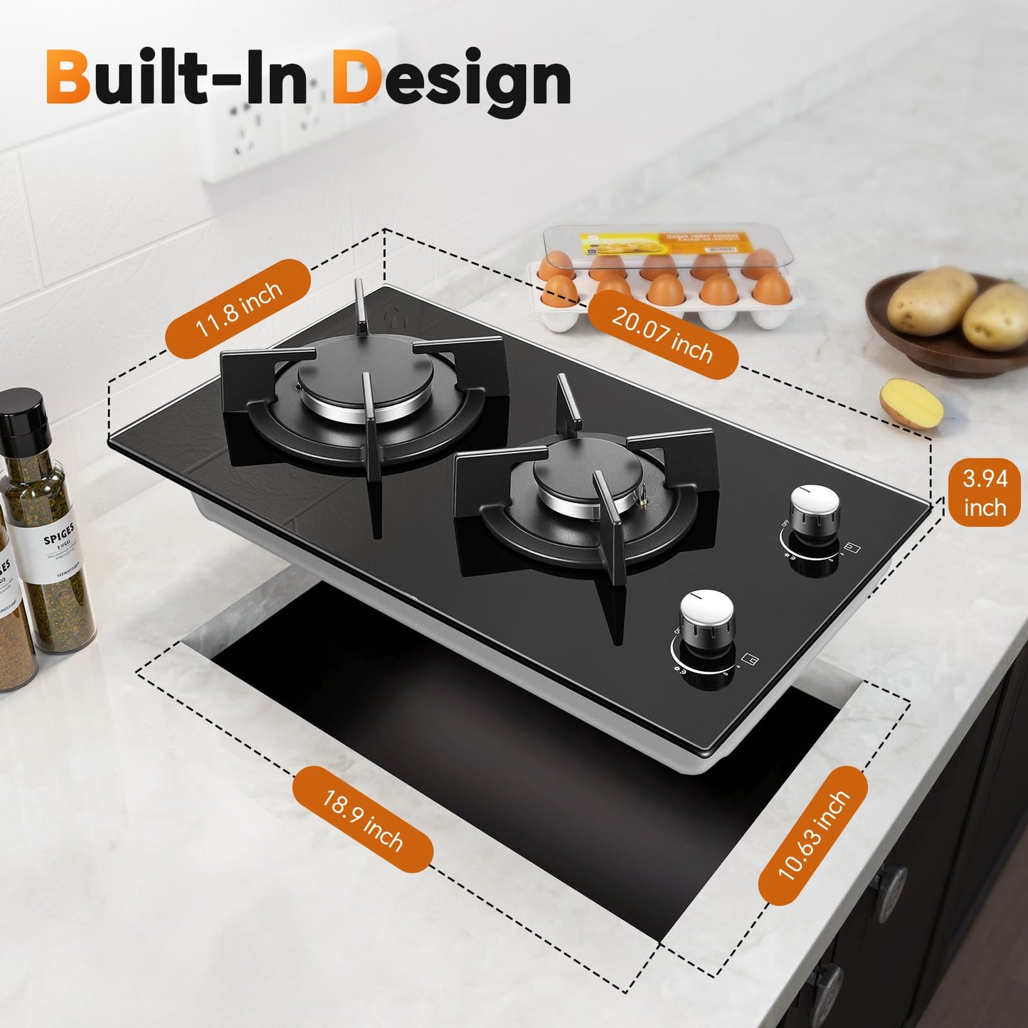 Gas Stove 2 Burner, Propane Cooktop 12 Inch, Built-in Gas Cooktop Black Tempered Glass Stove Top with Thermocouple Protection, LPG/NG Dual Fuel Hob for Apartment, Kitchen, RV