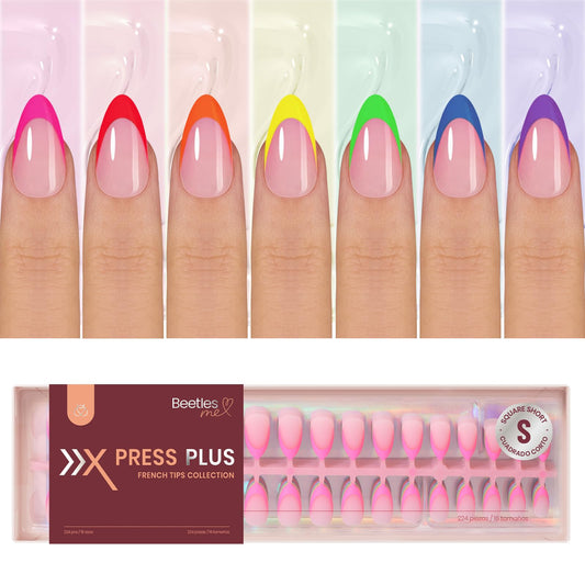 Beetles Summer Press On Nails 224 Pcs 7 Colors, French Tip Nails Short Almond Classic Fake Nail Tips, Rainbow Soft Gel Nails False Nails Art DIY For Women