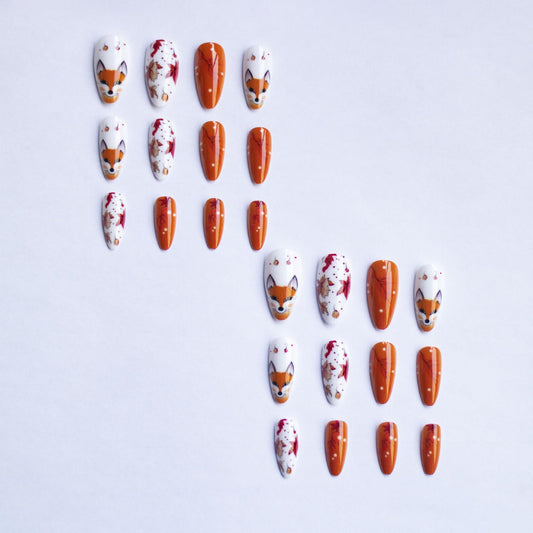 Almond Press on Nails Fall Medium Fake Nails with Cute Fox Designs Brown Maple Leaves False Nail for Women Full Cover Glossy Stick on Autumn Nail 24Pcs