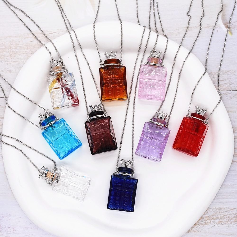 CoolDIY Handcrafted Glaze Glass Square Refillable Essential Oil Necklace Pendant - Aromatherapy Perfume Diffuser Pendant with Stainless Steel Chain (Light Blue)