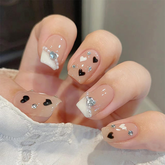 Press on Short Square Nails Glossy Full Cover Acrylic Short Square False Nails with Black White Heart Designs Artificial Rhinestone Fake Nails with Charms Glue ons Fingernails for Women Girls