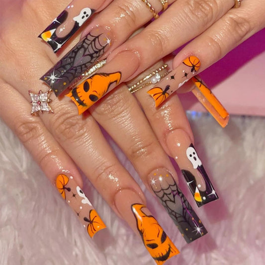 24Pcs Halloween Press on Nails Long Square French Tip Fake Nails with Ghost Spider Wed Design Goth Halloween Glue on Nails Orange Monster Pumpkin French Tip False Nails for Women Holiday DIY