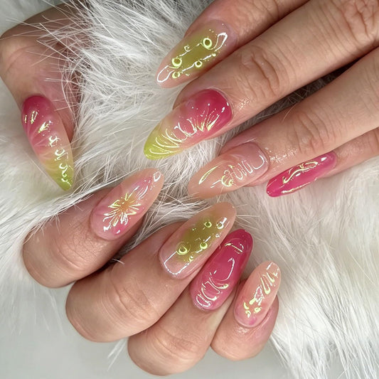 3D Press On Nails Almond Medium Light Pink Fake Nails with Embossed Lines Flower Cat's Eye Designs, Acrylic Artificial Nail Press ons False Stick On Nails for Women Girls 30Pcs