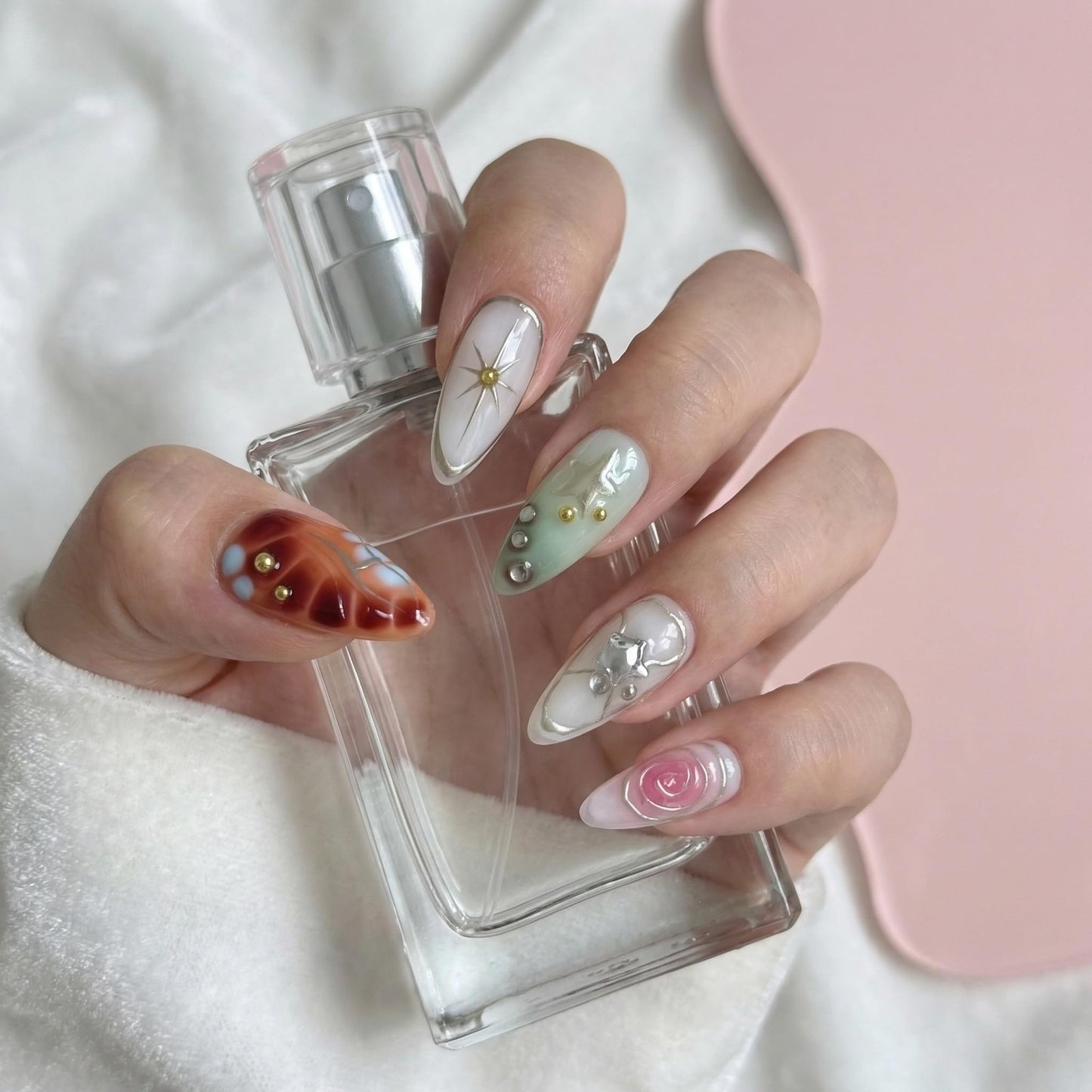 10Pcs Medium Almond Handmade Press On Nails | Easy Apply & Remove, Reusable Salon Quality Nails | Y2K Punk Multicolor Fake Nails with 3D Floral, Star & Gold Bead Accents (5U01, M)