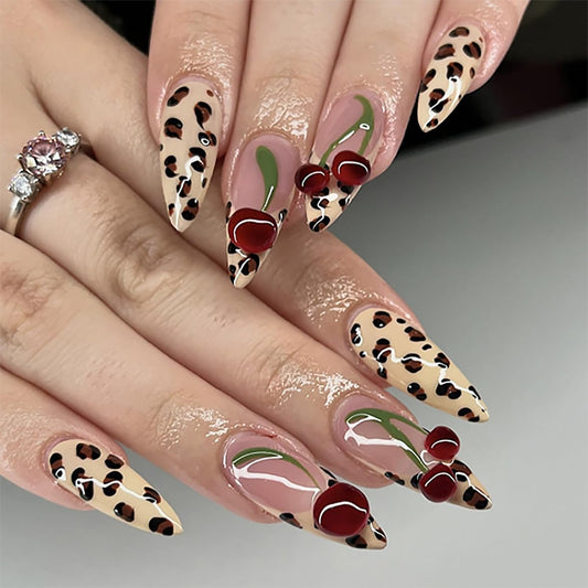 CJDLTS Leopard Almond French Tip Press on Nails Long Length 3D Cherry Fruit Design Full Cover Artificial False Nail Press Ons Fingernails Acrylic Nail Reusable Glue on Nails for Women 24Pcs