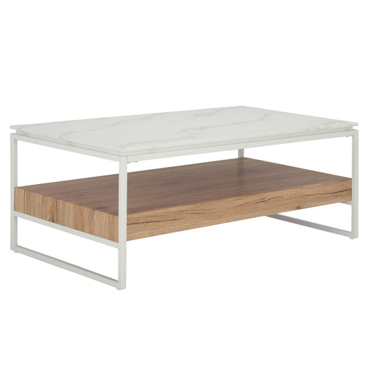 SAFAVIEH Home Collection - Aurelian White Faux Marble Rectangular Coffee Table with Lower Wood Shelf, Modern Design (COF7016A)