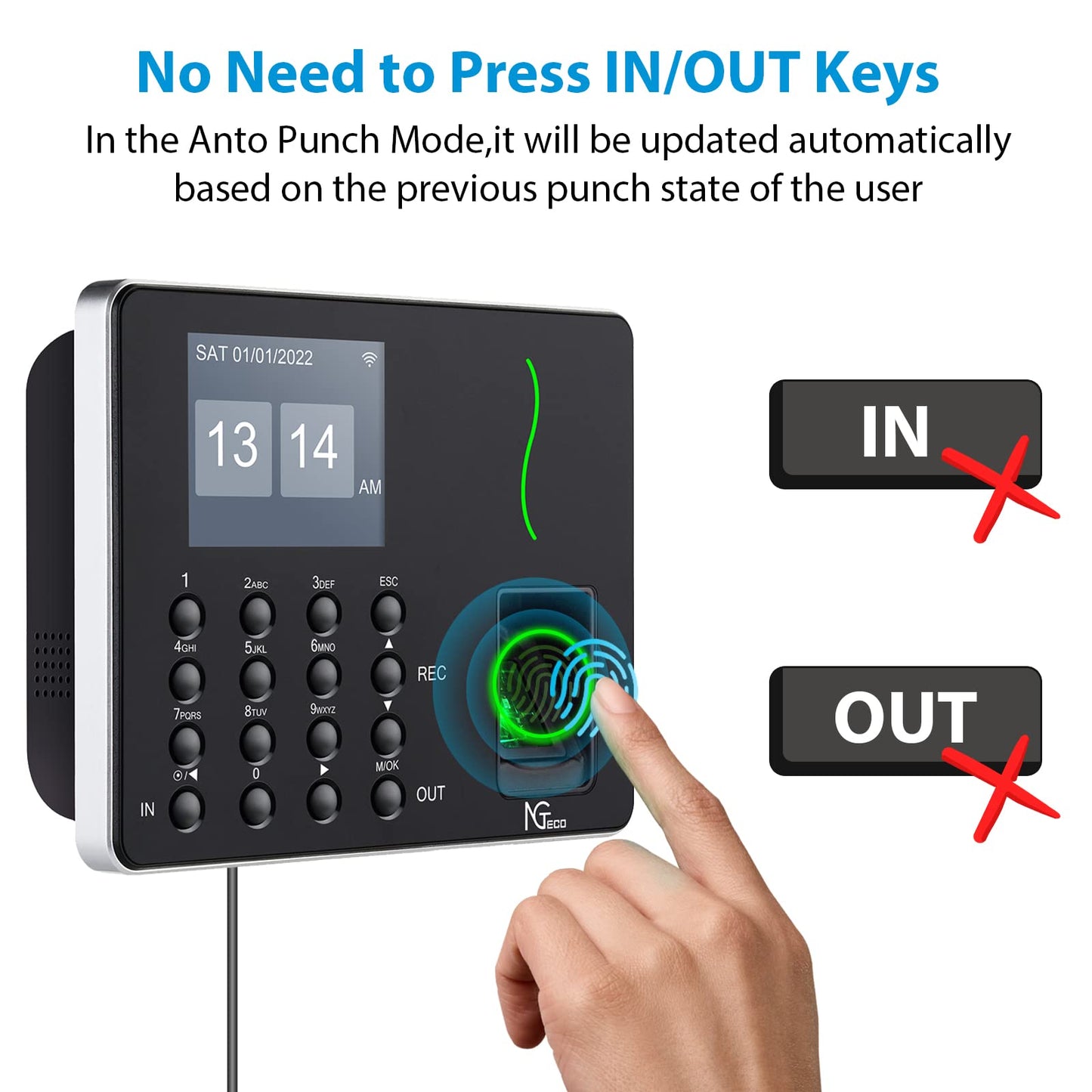 NGTeco Time Clocks for Employees Small Business, W3 2.4GHz WiFi Biometric Fingerprint Time Card Machine, Office Punch Clock Automatic in and Out with iOS/Android App No Monthly Fees