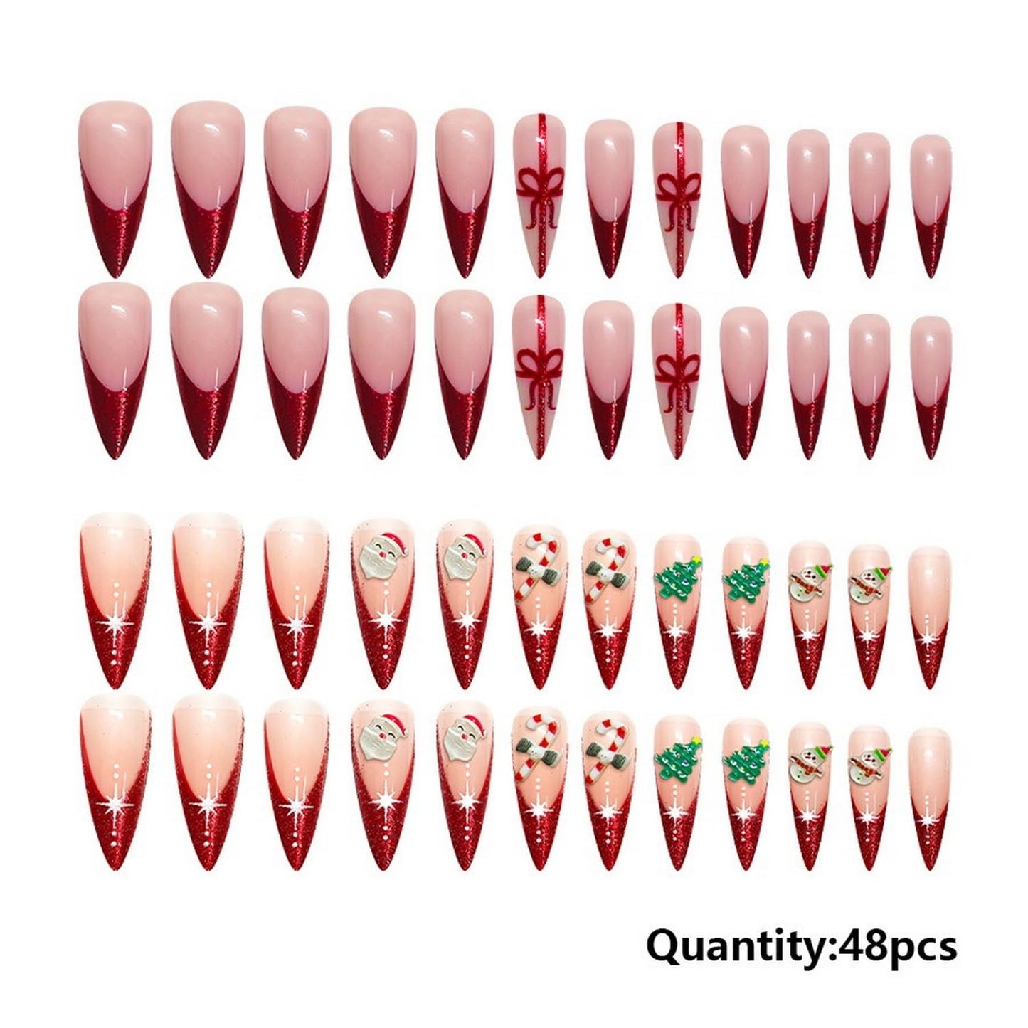 Christmas Press on Nails Kit 48 Pcs Long Stiletto Fake Nails 2 Style Red French Tip False Nails with Xmas Tree Santa Charms Bow Glitter Designs Glossy Glue on Nail Winter Acrylic Nails for Women Girls
