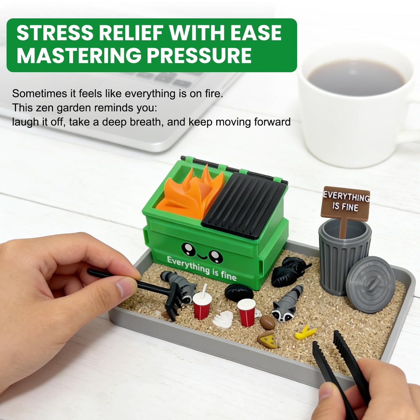 Dumpster Fire Zen Garden for Desk (Grey) - “Everything is Fine” Stress Relief Mini Garbage Sandbox Kit, Office Desktop Funny Decor Dark Humor Gag Gifts for Coworkers Friends