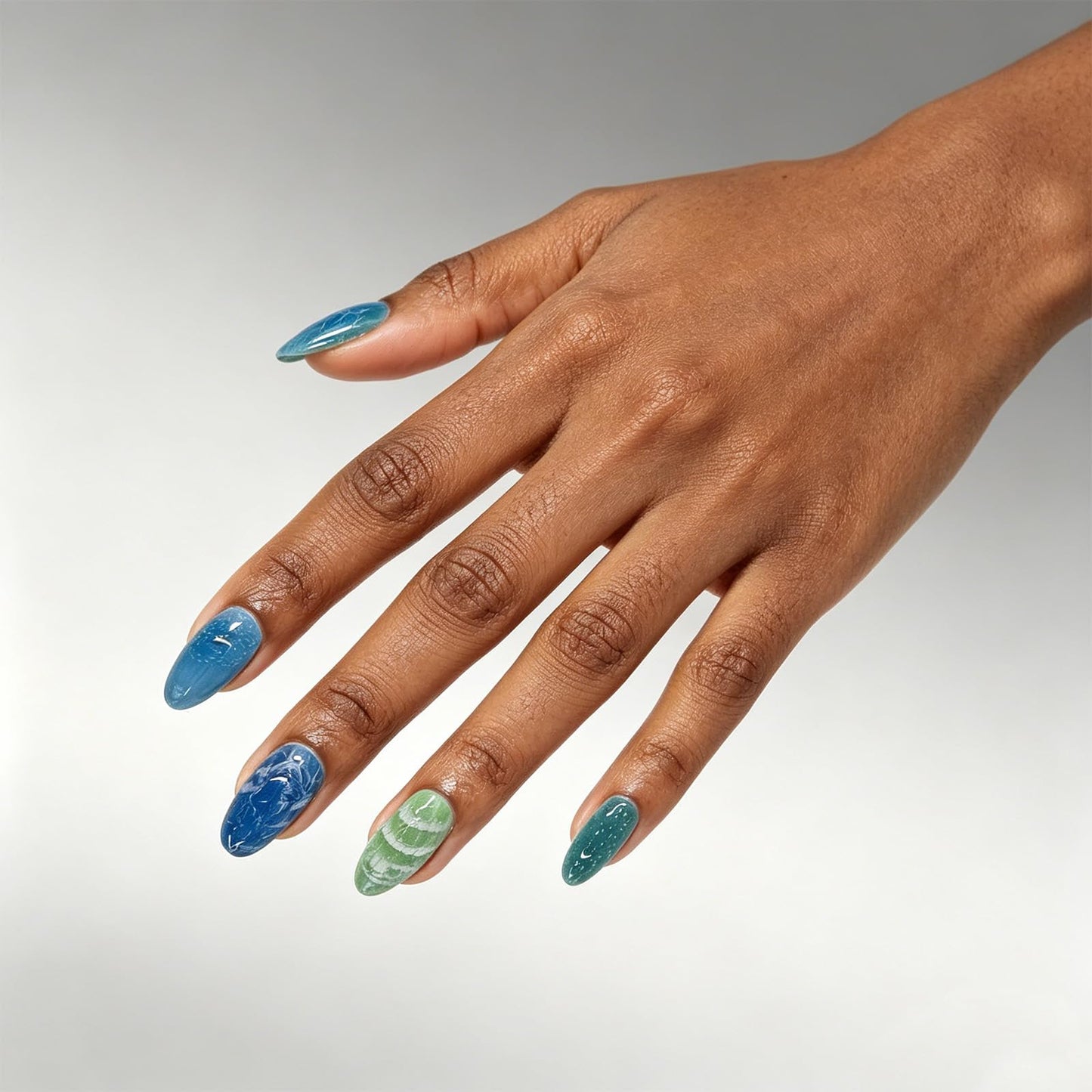 Ocean Press on Nails Medium Almond, 3D Sea Themed False Nails, Glossy Blue Green Ombre Fake Nail Sea Wave Glue on Nail, Seashell Stick on Reusable Acrylic Fingernails for Women Summer Daily Wear