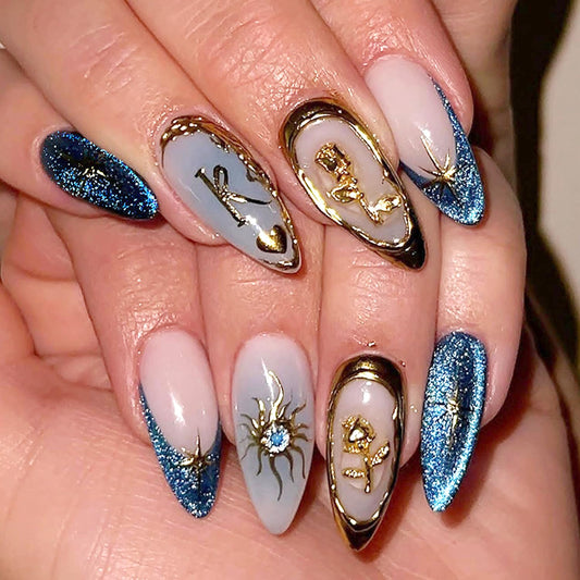 24Pcs Chrome Gold Press on Nails Medium Almond French Fake Nails with 3D Gold Rose Flower Gilded Line Design Sun Star False Nails Blue Glitter Full Cover Heart Glossy Acrylic Stick on Nails for Women
