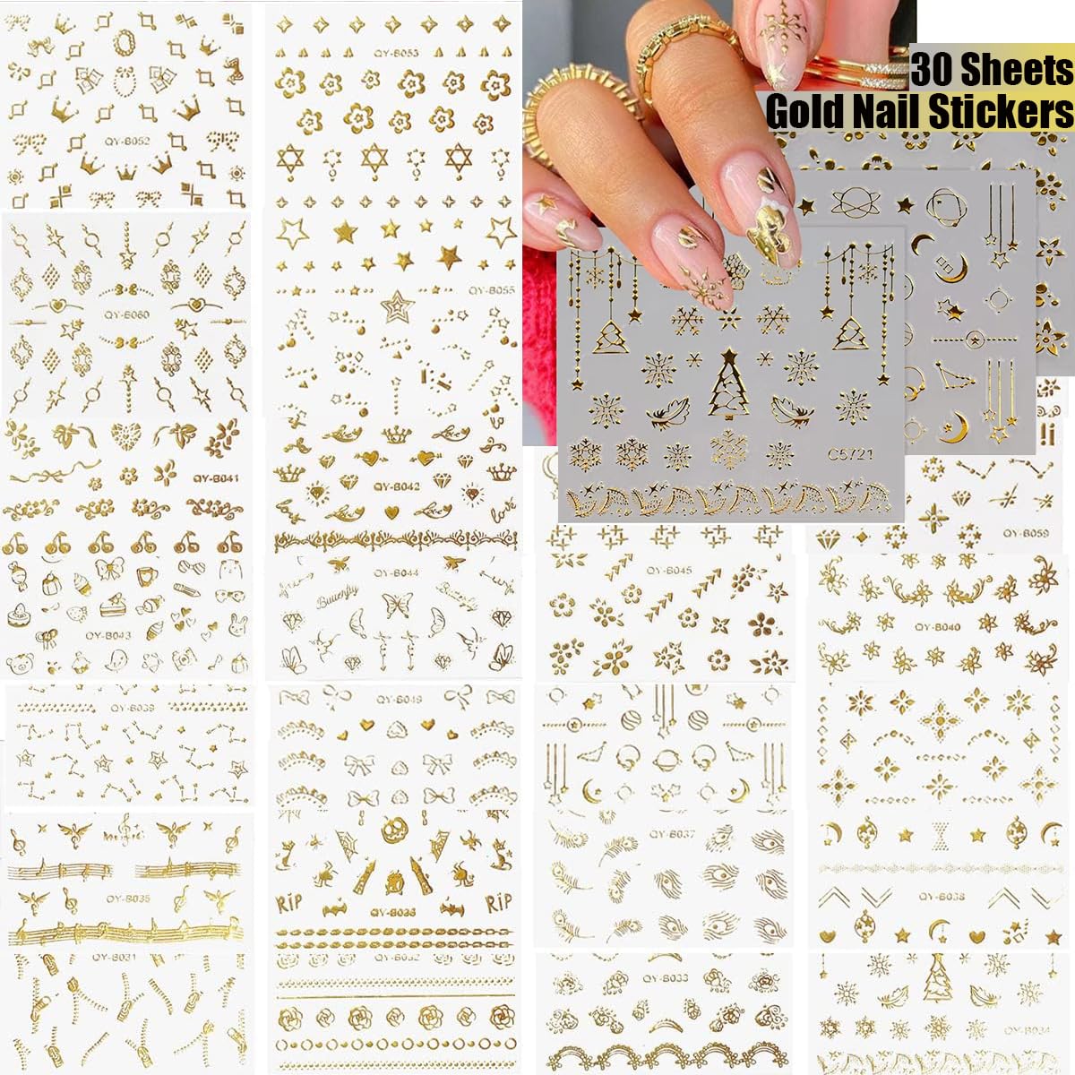 90 Sheets 3D Nail Art Stickers&Nail Decals Storage Book Set, 5D Self-Adhesive Floral Summer Nail Stickers with Rhinestones Nail Designs, Gold Nail Art Decals for Women Girls DIY Manicure Decoration