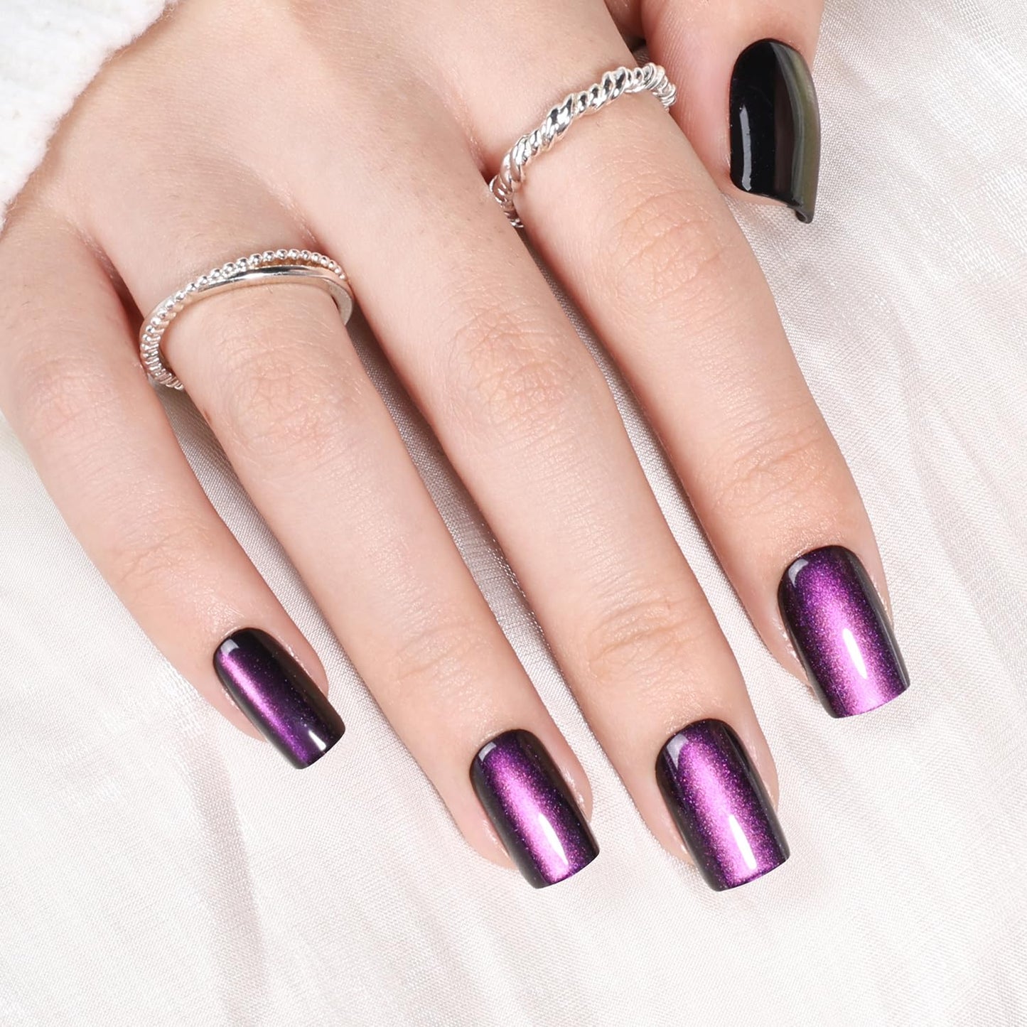 Purple Cat Eye Press On Nails Square - Dark Purple Short Square Fake Nails, Short Cateye Press On Nails Reusable Stick On Nails in 16 Sizes, 32pcs False Nail Kit for Women & Girls(Silent Amethyst)