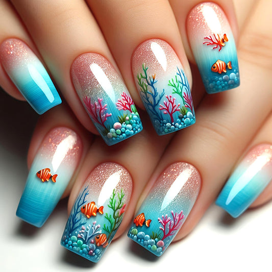 Press on Nails Medium Square Artificial Acrylic Fake Nails Colorful Gradient Ocean Coral Fish Nail Stick on Nail Full Cover Reusable Coffin Artificial Fingernails for Women DIY Glue on Nail Manicure