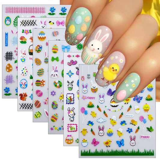 6 Sheets Glitter Easter Nail Art Stickers Easter Egg Rabbit Nail Decals 3D Self Adhesive Cute Chicken Eggs Nail Art Supplies Cartoon Bunny Carrot Nail Supplies Stickers for Women DIY Nail Decorations