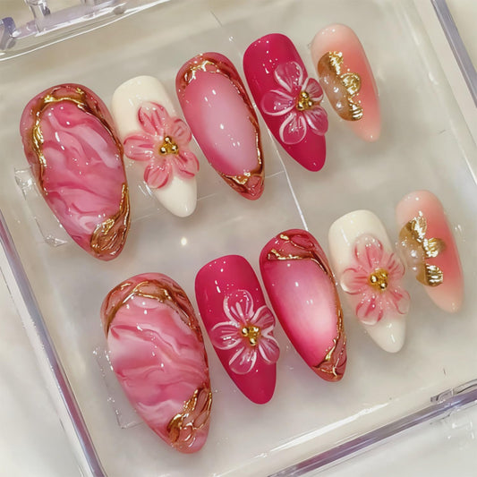 Mkwntg 30Pcs Pink Flower Press On Nails Medium Almond Fake Nails with 3D Gold Bead Pearl Ice Blooming Design Gold Line Summer Floral Ombre False Nails Cute Spring Full Cover Glue on Nails for Women