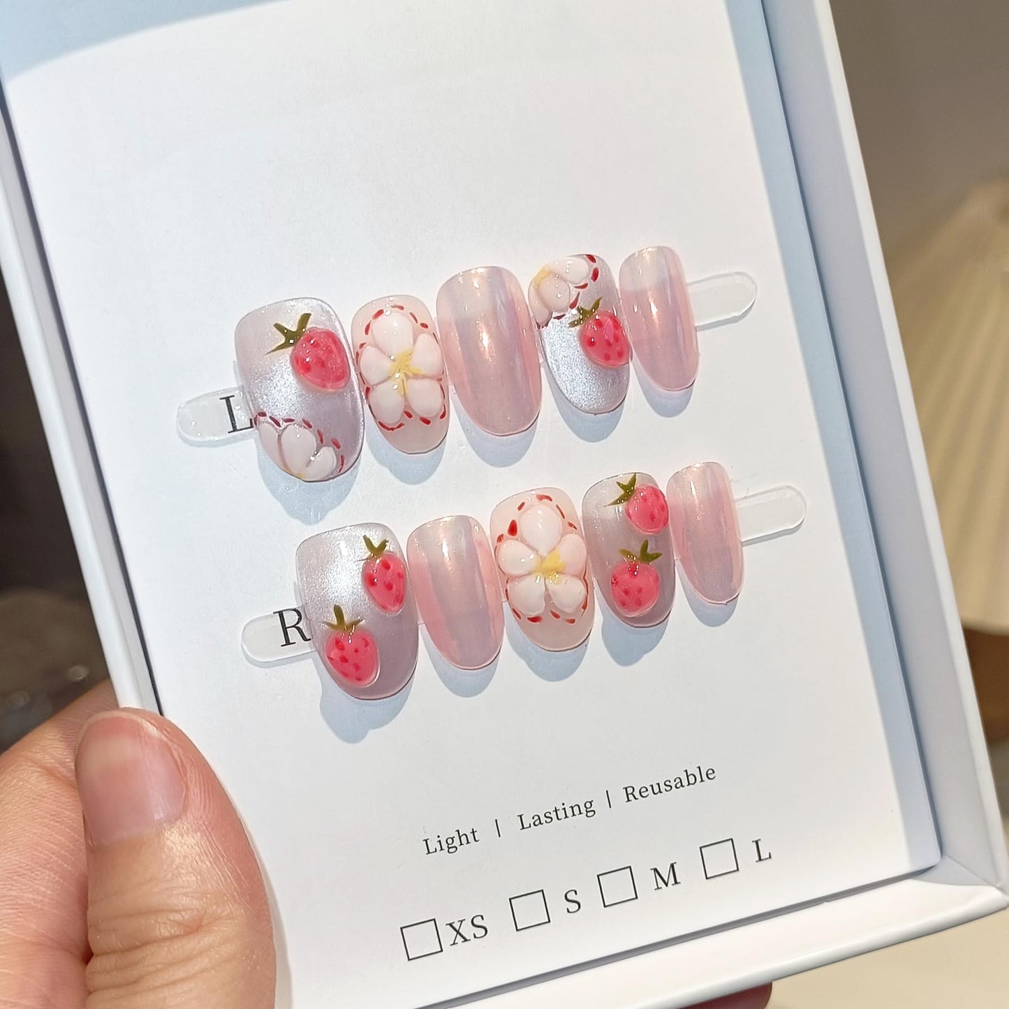 TENPAL Press on Nails 10Pcs with Tools Kit,3D Strawberry Spring Summer Pink Aurora Fake Nails,Cute Floral Almond Short Nails,Full Cover False Nails Simple Blush Glue on Nails Sweet Summer Nails(XS)