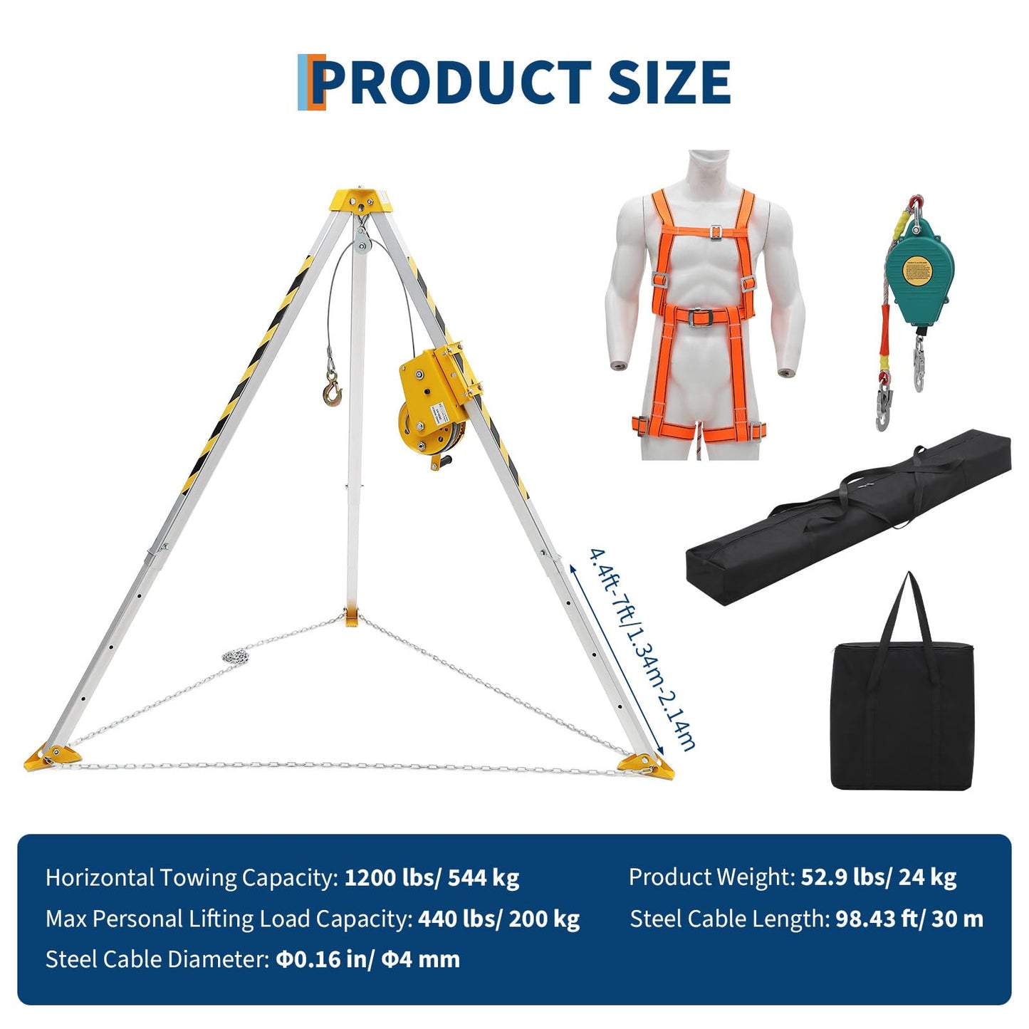 Confined Space Aid Tripod Kit – 1200 Lb Winch, 8' Adjustable Steel Legs, 98' Anti-Rotation Cable, 33' Fall Protection, Fall Arrester, Storage Bag – Industrial Equipment for Manhole & Tunnel Ope