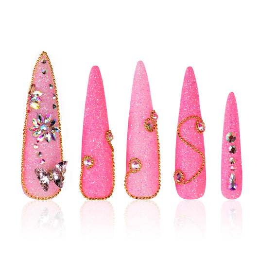 Tmani 10pc/set Extra Long Handmade Press On Nail Hot Girl's Long Ballet Nails Pointed Nail Full of Diamond Glitter Decoration Fake Nails Suitable For Girls Festival Parties and Birthday Gift（246,S)