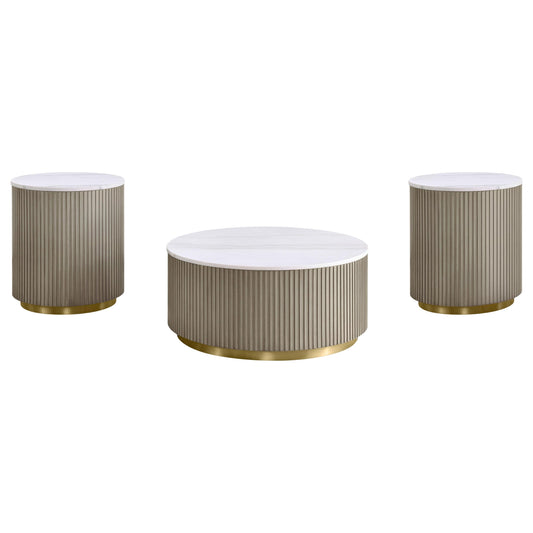 Coaster Home Furnishings - Jason - Wood and Metal - 3-Piece Coffee Table Set with Marble Tops, Reeded Drum Bases, and Gold Ring Accents - Living Room - Greige and White Marble - 711418-S3