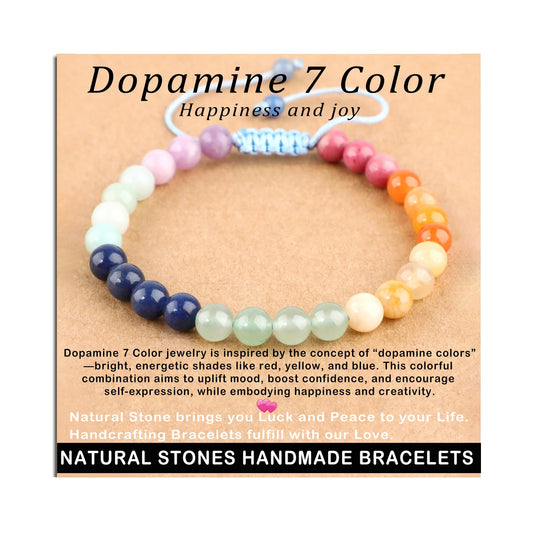 AD Beads 6mm Dopamine 7 Color - Happiness and Joy - Handmade Natural Stone Crystal Bracelet with Adjustable Macrame String - Yoga Healing Power Energy Gifts for Men and Women