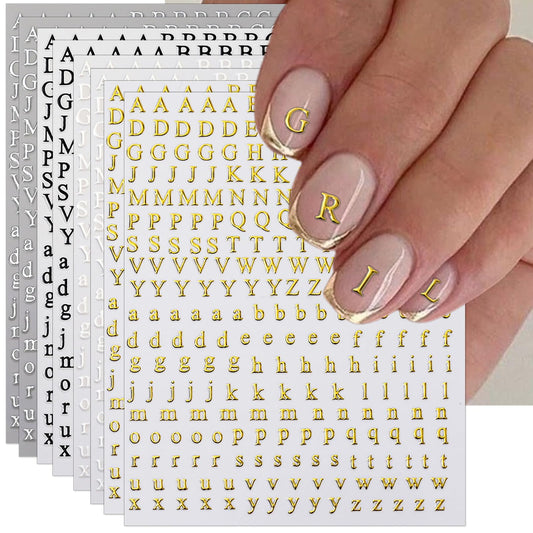 IDDFEVE 8 Sheets Letter Nail Art Stickers - 3D English Alphabet Nail Decals for DIY Metallic Gold Silver Acrylic Manicure Holographic Nail Decorations
