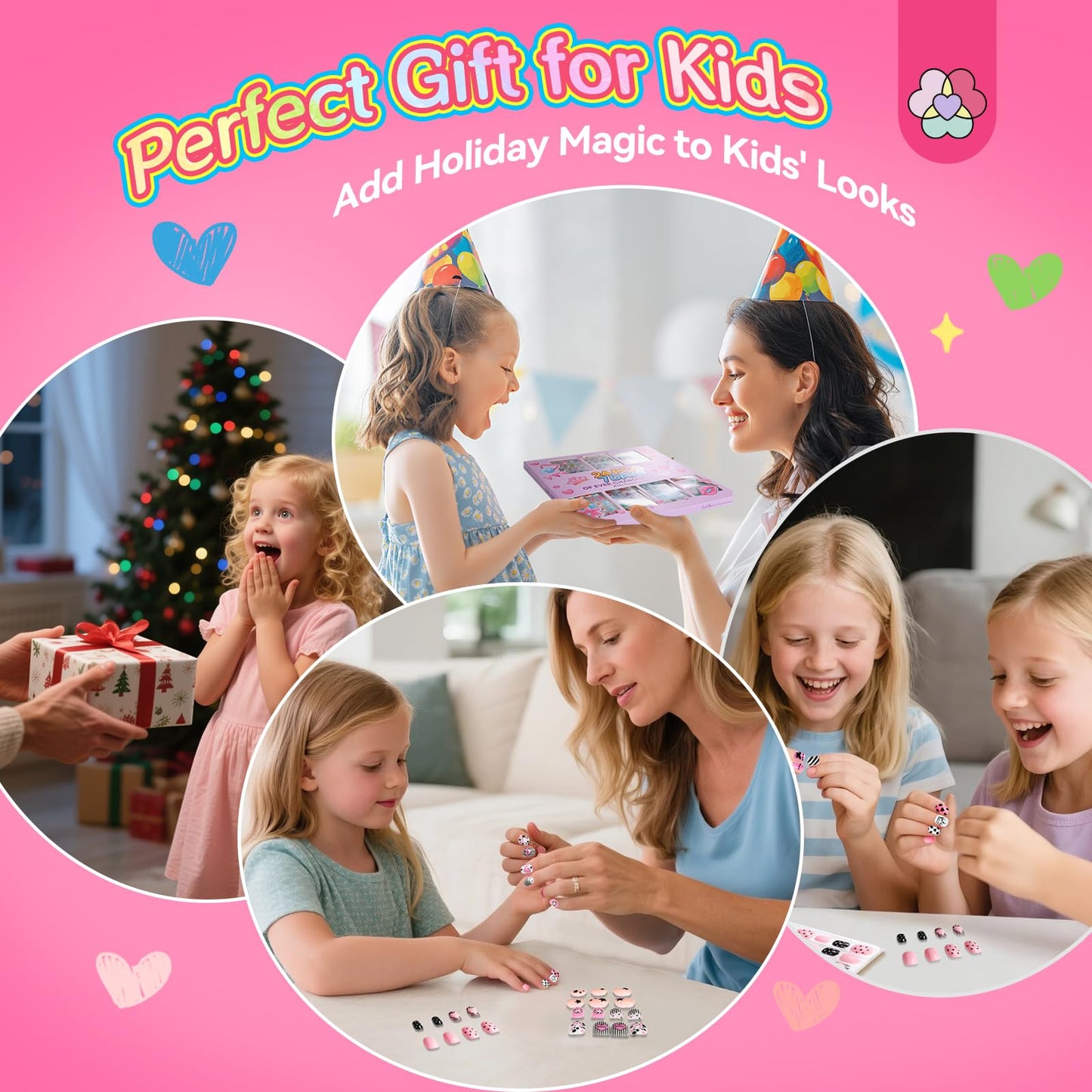 SAVILAND 7 Days Press on Nails for Kids: 168Pcs Children False Artificial Fake Nail Tips Sweet Edgy Pre-glue Full Cover Short Acrylic Nails with Nail Adhesive Tabs Gifts for Girls 8-12 Year (GlamKids)