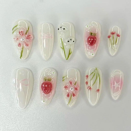 CJDLTS Flower Press on Nails Medium Almond Shaped 3D Cute Floral Blush Strawberry with Glossy Rabbit Pearl Stick on Nails Full Cover Artificial Acrylic Fingernails Glue on Nail for Women Manicure