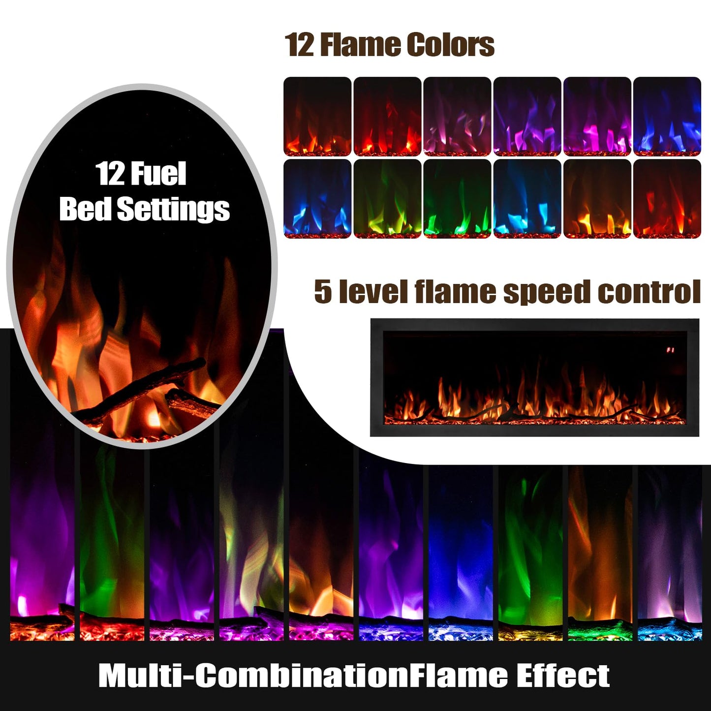 Tuan 60 Inch Electric Fireplace, APP Remote Control Compatible, Wall Mount or in Wall Recessed Fireplace Insert, Color Changing Flames& Embers, Indoor Fireplaces