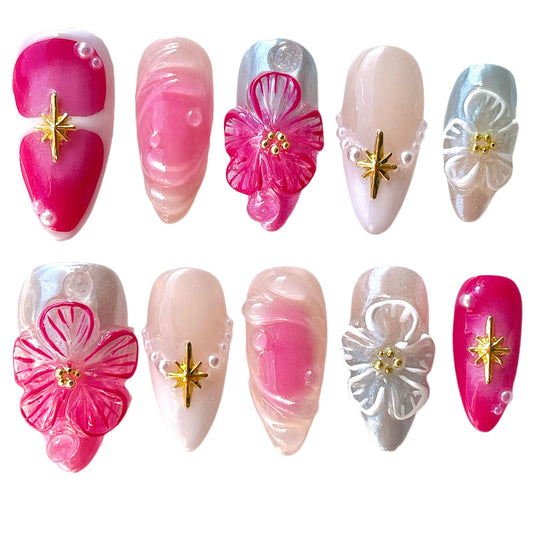 Handmade Press On Nails, Medium Almond Shape, Cherry Blossom Design with Gold Stars, Pearl Accents, Pink Blue Nude Colors, 3D Floral Reusable Acrylic False Nails (Bouquet lace, L)