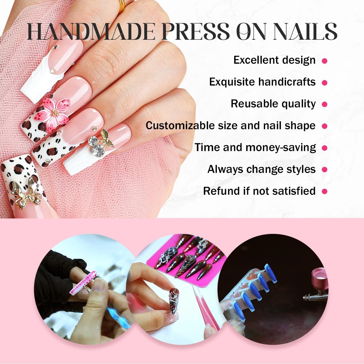Press on Nails Handmade Stiletto Almond Shaped Medium False Nails Luxury 3D Flower and Droplet Design Full Cover French Tip Muti-Layer Gel Fake Nail Colorful Stick on Nails for Women DIY Nail Art（M)