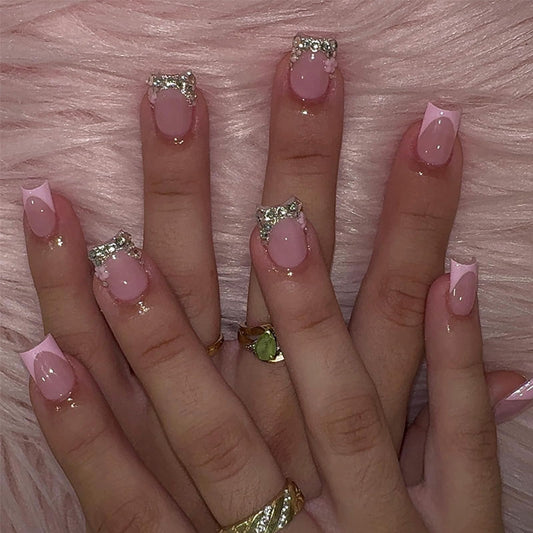IMSOHOT Square Press on Nails Short Fake Nails Pink French Tip False Nails with Rhinestone & Flower Designs Full Cover Acrylic Stick on Nails for Women Girls Manicure Kit