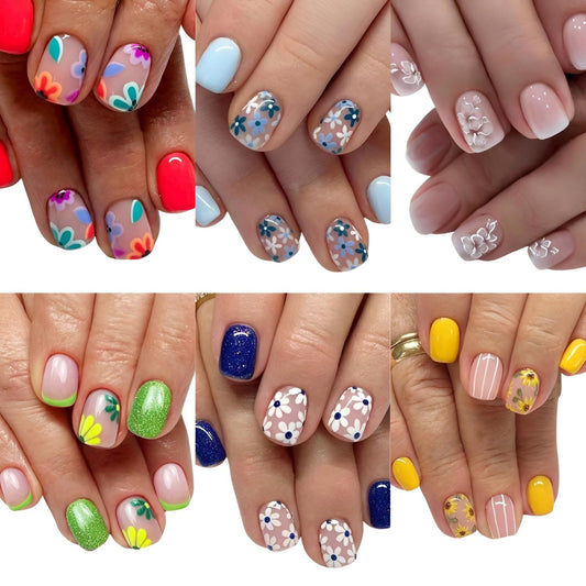 6 Packs（144Pcs）Flower Press on Nails Short Square Fake Nails with Floral Design Summer Spring Nails Press ons Colorful Acrylic Nails Glossy Glue on Nails Full Cover Stick on Nails for Women Girls