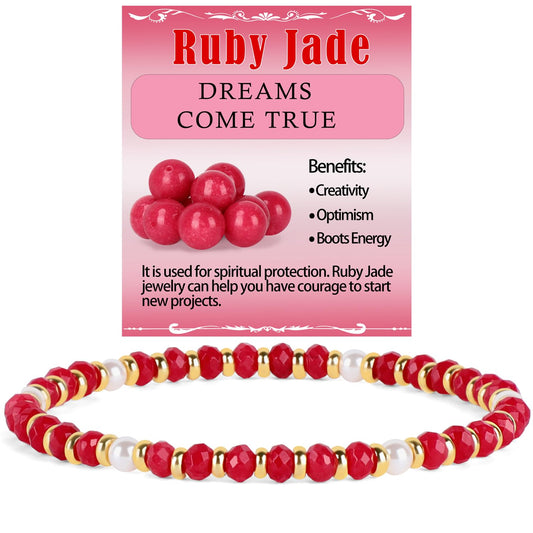 QOGIR Ruby Jade - Dreams Come True - 14K Gold Plated Beads Gemstone Stretch Elastic Dainty Healing Beaded Bracelets Gifts 2x4mm