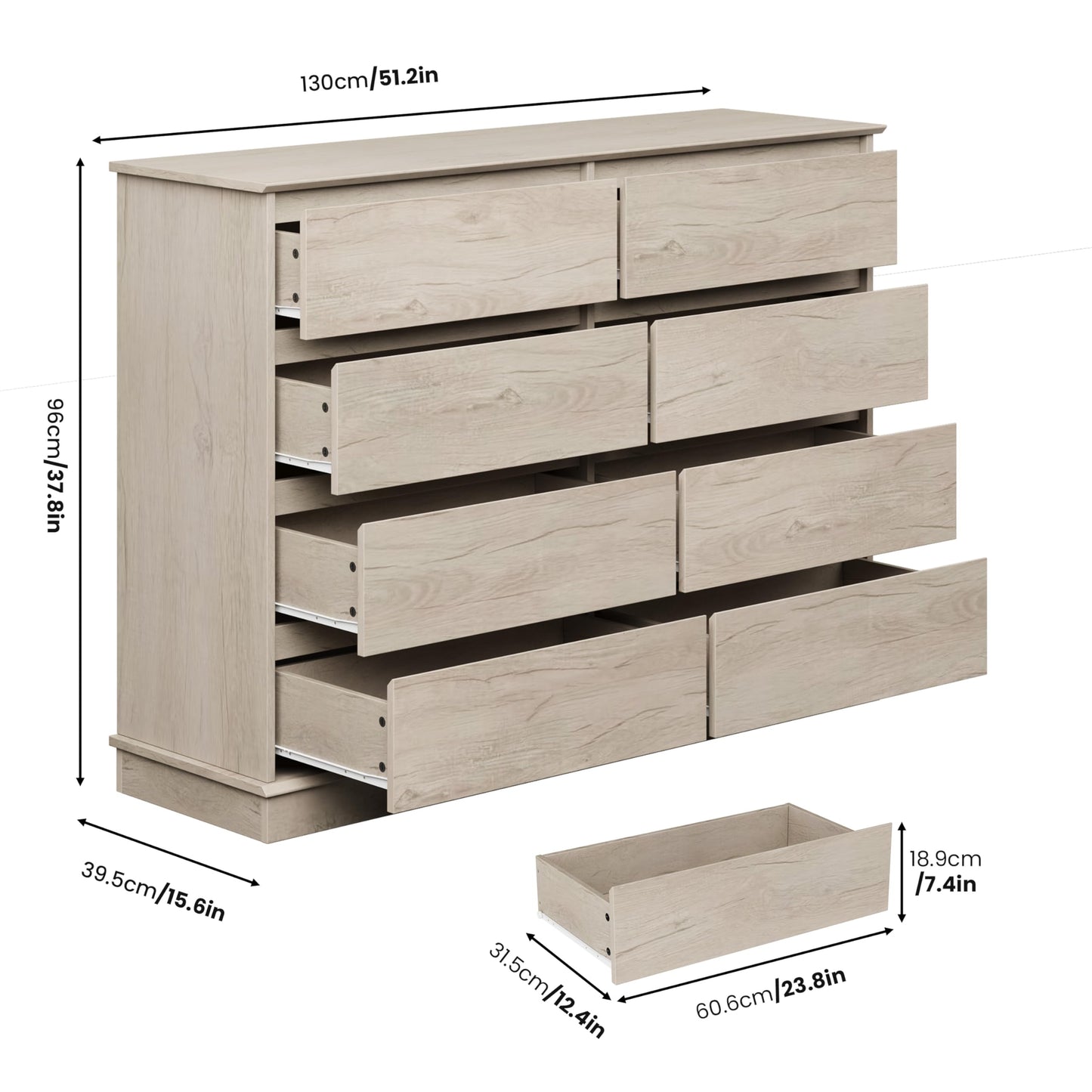 GarveeHome 8 Drawer Dressers for Bedroom, Chest of Drawers with Deep Drawers, Large Double Dresser for Closet with Wide Top, Horizontal Wooden Dresser for Living Room, Hallway, Kids Room, Oak