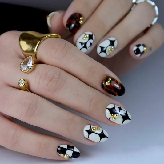 octoswave Press on Nails Short Almond Fake Nails Black and White Designs Artificial Nail 3D Rhinestones Charm Stick on Nail for Women 24pcs