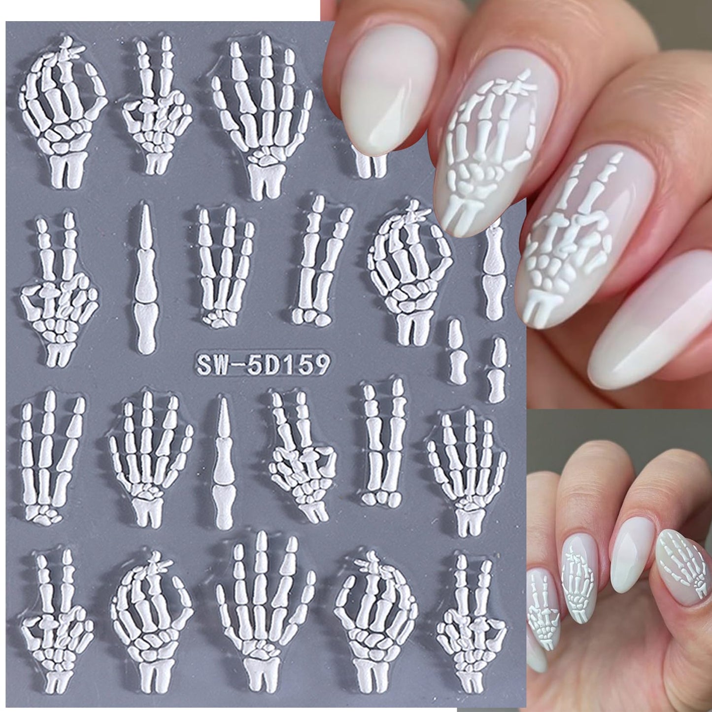 Gothic 5D Nail Art Stickers 10 PCS Embossed Skeleton Y2K Nail Decals Golden Rose Gold White Bone Skeleton Designs Goth Bat Self Adhesive Sliders Nail Art Decoration Manicure Accessories for DIY Party