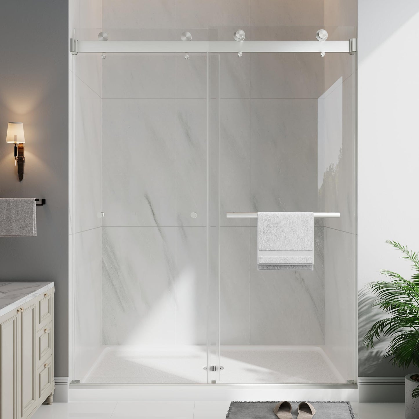EASYWORC Frameless Double Sliding Shower Doors, 43-48" W x 76" H Shower Glass Door, 1/4" (6mm) Thick ANSI Certified Tempered Glass with Explosion-Proof Film and Nano Coating, Brushed Nickle