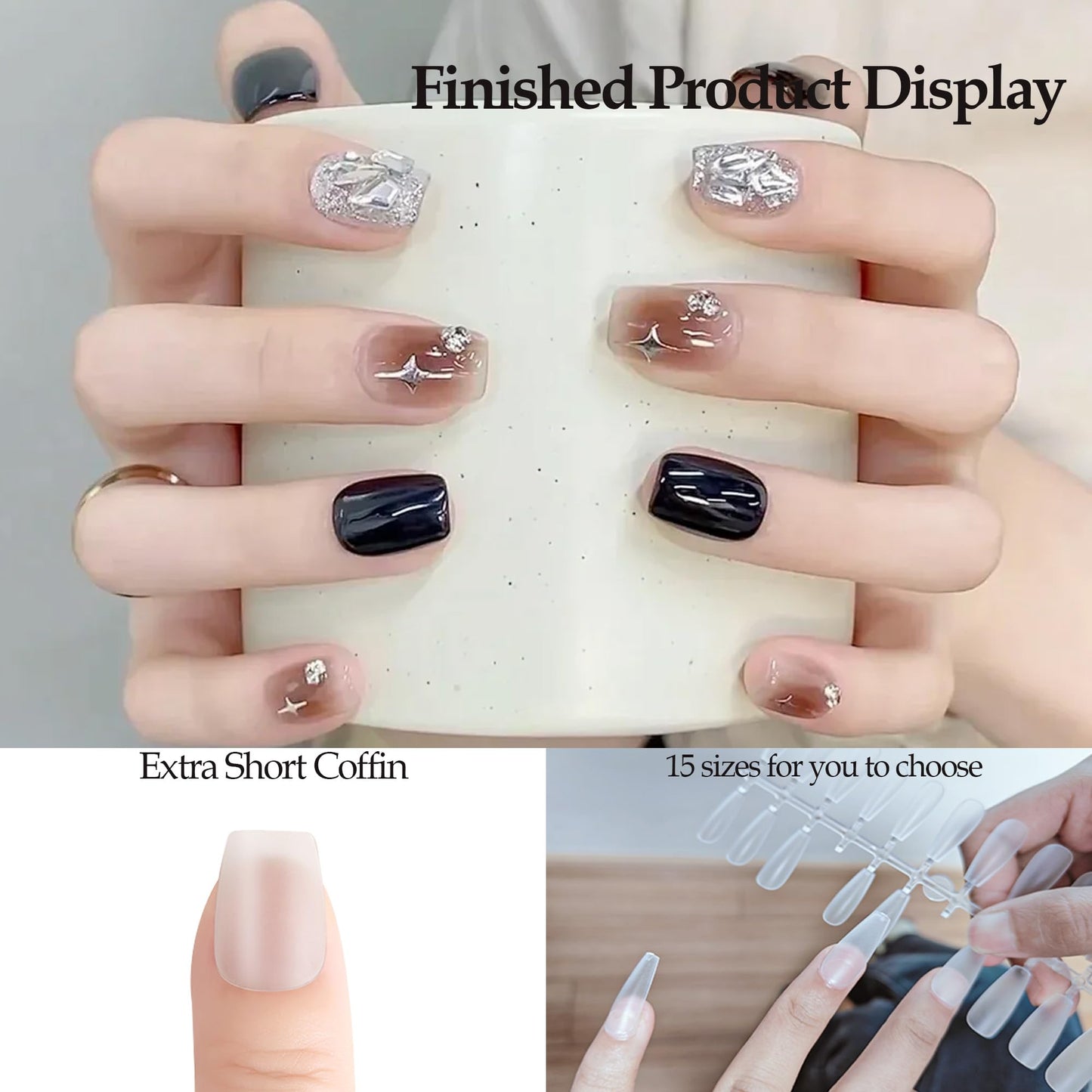 Sun&Beam Nails Clear Nail Tips – Full Cover Acrylic False Nails for Nail Art & Extensions 15 Sizes 240 Pcs (Extra Short Coffin)