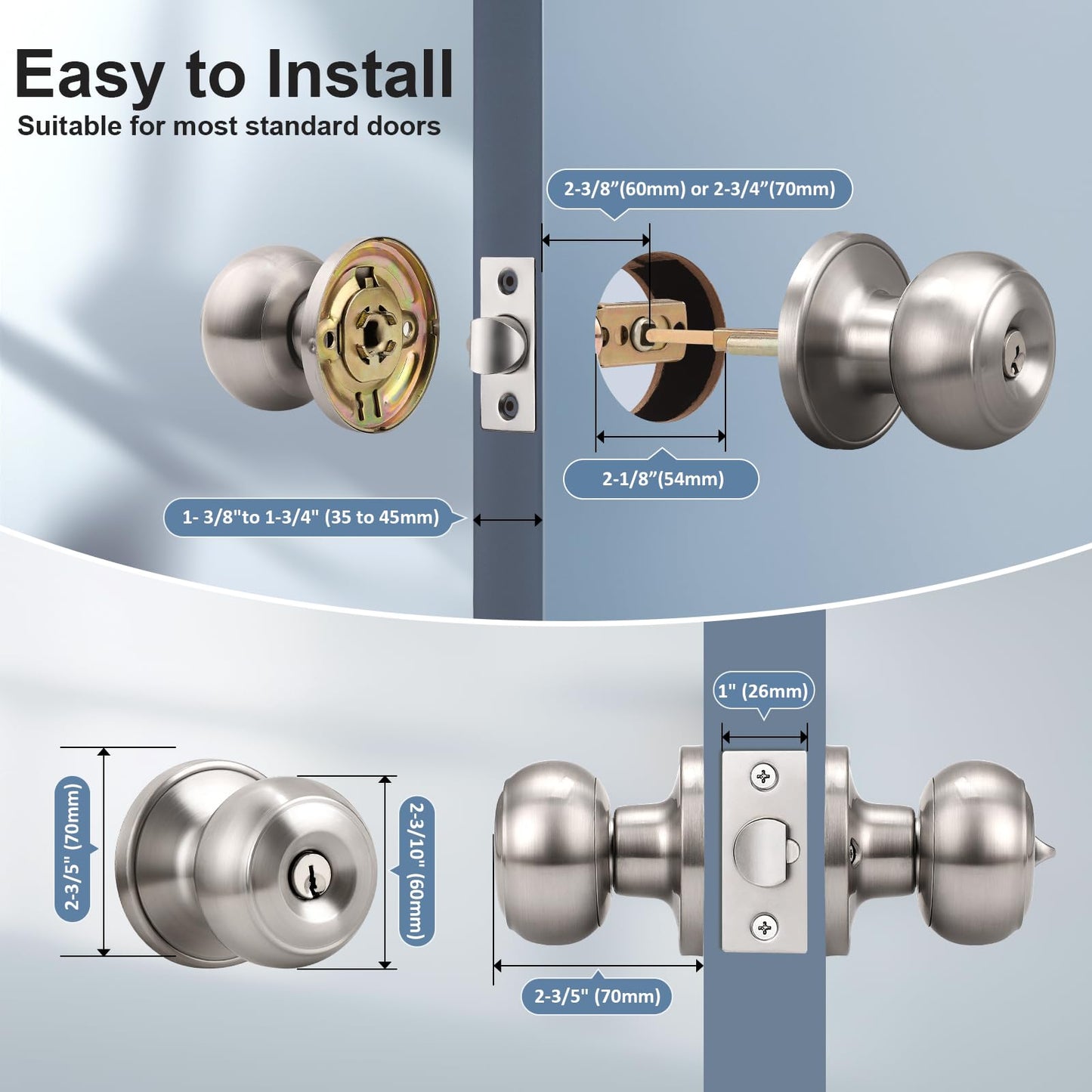KNOBWELL 3 Pack Brushed Nickel Door Knob with Lock and Key, Keyed Alike, Exterior Keyed Door Knobs Lock with Same Keys in Solid Stainless Steel for Entrance and Front Door, Round Ball Handle