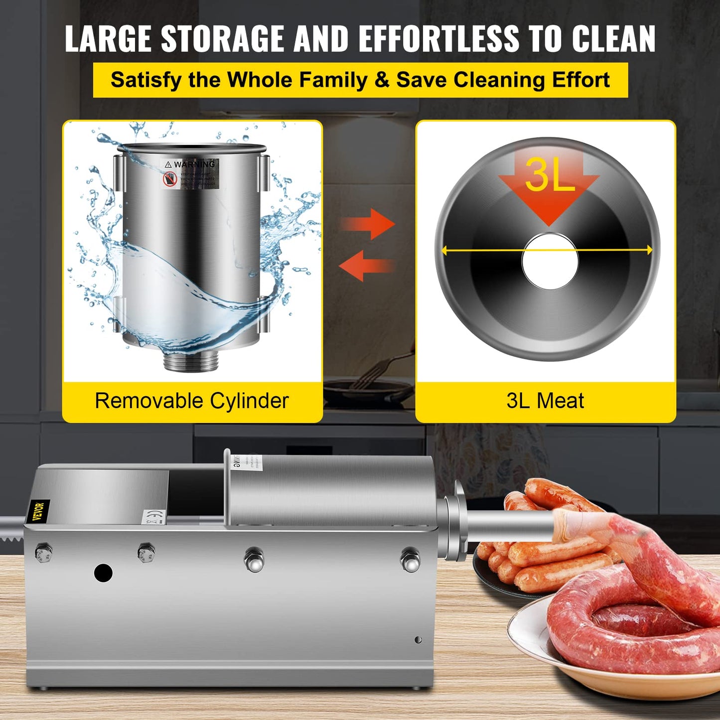 Happybuy Horizontal Sausage Stuffer 3L/ 7Lbs Manual Sausage Maker With 5 Filling Nozzles Sausage Stuffing Machine For Home & Commercial Use Stainless Steel