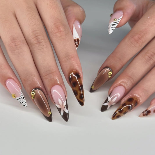 MERVF Almond Press on Nails Long Fall Fake Nails Brown French Tip Glue ons Flower Stiletto Acrylic False Nail Aura with Zebra Print Design Glossy 24pcs